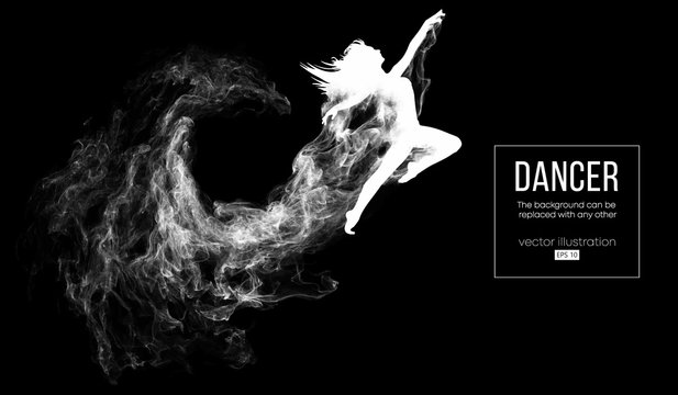 Abstract silhouette of a dencing girl, woman, ballerina on the dark, black background from particles. Ballet and modern dance. Background can be changed to any other. Vector illustration
