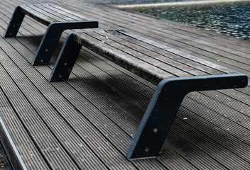 Park benches overlooking stream in Essen, Germany