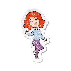 retro distressed sticker of a cartoon happy woman dancing