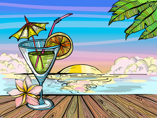 Cocktail on the beach at sunset, summer time paradise sketch.