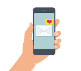 Male hand holding smartphone with love message on screen. Hand with mobile phone on white background. Vector illustration