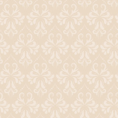 Baroque style damask vector seamless pattern background. Beige floral ornament texture is perfect for upholstery fabric, wedding decor, invitation cards, wallpaper, home decor.
