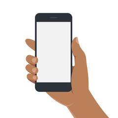 Female hand with dark skin holding smartphone with blank screen. Vector illustration on white background