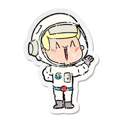 distressed sticker of a singing cartoon astronaut