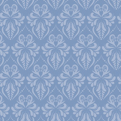 Blue baroque style damask vector seamless pattern background. Flourish texture is perfect for upholstery fabric, wedding decor, invitation cards, wallpaper, home decor.