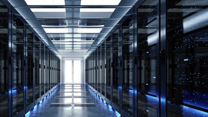 Concept of cloud data service center. Flow moving through rack servers. 3d rendering.