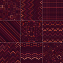 Set with nine brown seamless abstract geometric pattern, vector illustration