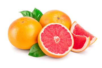 grapefruit and half with leaves isolated on white background