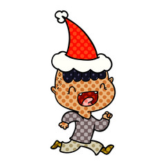 comic book style illustration of a happy boy laughing and running away wearing santa hat