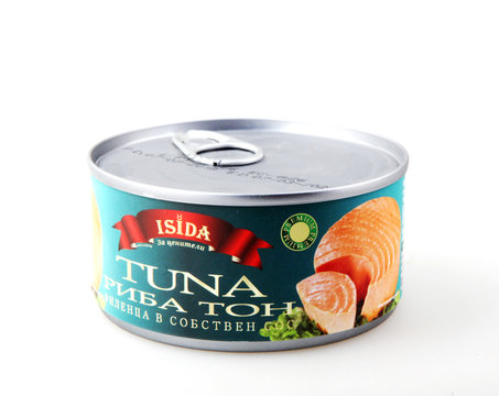 Pomorie, Bulgaria - March 01, 2019: Canned Tuna Isolated On White Background.