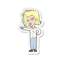 retro distressed sticker of a cartoon woman pointing