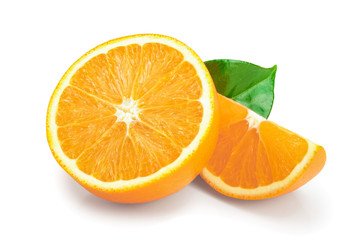orange fruit half with leaves isolated on white background