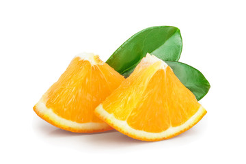 Fototapeta na wymiar orange fruit slice with leaves isolated on white background