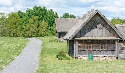 A village house with farm buildings stands on the edge of the village by the forest. Around the house is a meadow with dandelions.