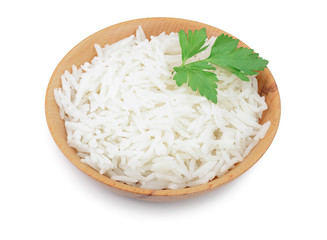 rice in a wooden bowl isolated on white background. Top view. Flat lay