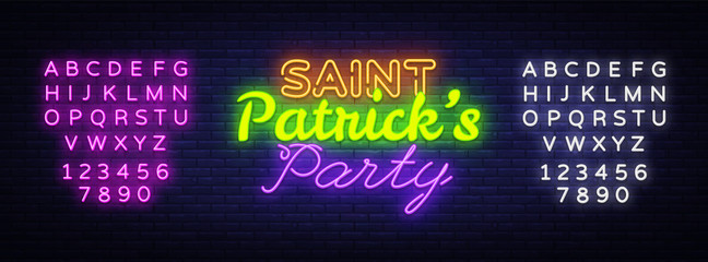 St. Patricks Party design template neon sign vector. Saint Patrick greeting card, Light banner, neon style, night bright advertising. Vector illustration. Editing text neon sign