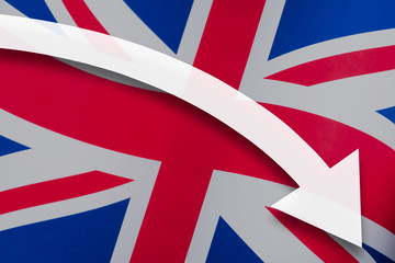 White arrow down on the background of the United Kingdom