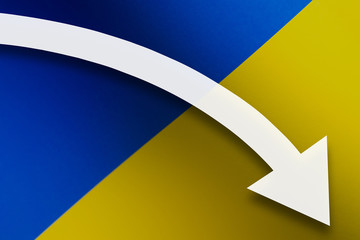 White arrow down on the background of the Ukraine flag