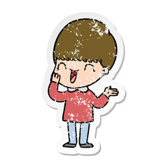 distressed sticker of a happy cartoon boy