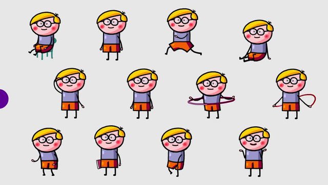Cartoon kids character – Janek. He is a happy boy. A few seamless moves with fluent transitions. Alpha channel. Walking, running, standing, jumping, sitting, playing a ball... Useful content presenter