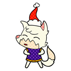comic book style illustration of a fox wearing santa hat