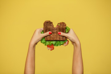 woman hands hold bitten sandwich on yellow background. Sandwich promotion concept