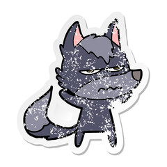 distressed sticker of a cartoon annoyed wolf