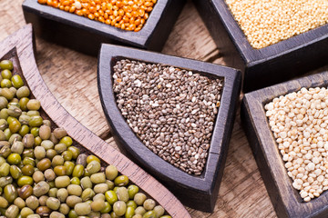 grains of super gluten-free foods: amaranth, chia, quinoa, millet