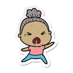sticker of a cartoon angry old woman