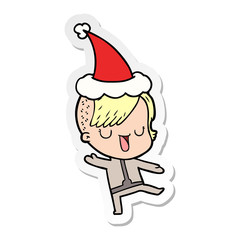 cute sticker cartoon of a girl with hipster haircut wearing santa hat