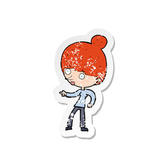 retro distressed sticker of a cartoon woman pointing