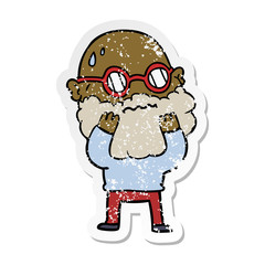 distressed sticker of a cartoon worried man with beard and spectacles