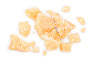 Parmesan cheese pieces isolated on white background. Closeup. Top view. Flat lay