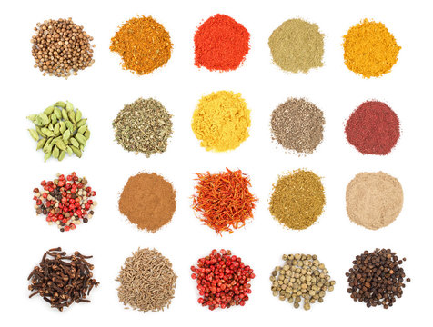 mix of spices isolated on a white background. Top view. Flat lay. Set or collection