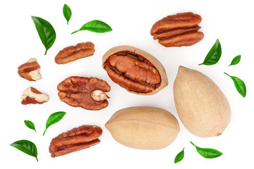 pecan nut isolated on white background. Top view. Flat lay