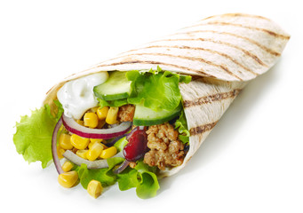 Tortilla wrap with fried minced meat and vegetables