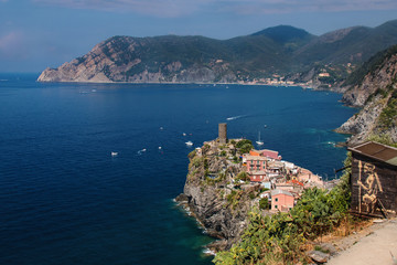 Warrior Painted on Side of Shack with Coastal View of Vernazza in Cinque Terre Italy
