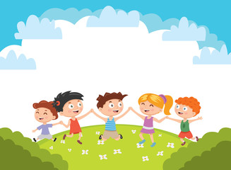 Kids. Boys and girls plays and jump on a bright lawn. Vector illustration