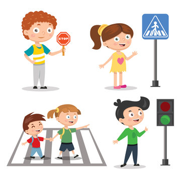 Set of children teaching road safety. Traffic light sign with go and stop indicators.