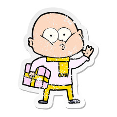 distressed sticker of a cartoon bald man staring