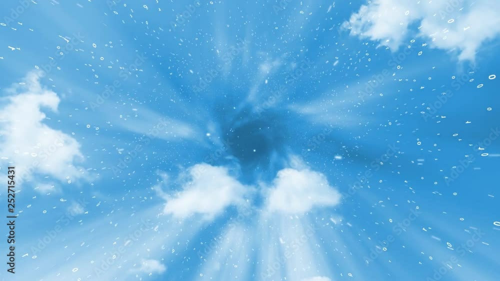 Poster artistic travel in the sky. light with clouds and binary data motion background.