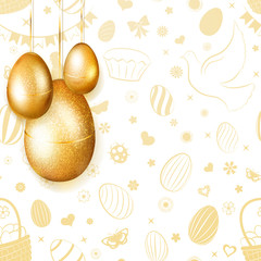 Three golden Easter eggs hanging on background of flowers, cakes, hare, hen, chicken, bow and other holiday symbols