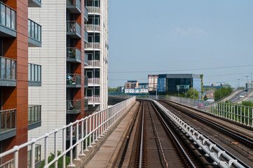 Obraz na płótnie Canvas View of new housing developments from a driverless DLR train, London, UK