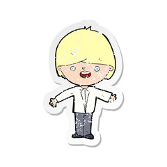 retro distressed sticker of a cartoon happy boy with open arms