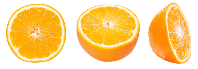 set of orange photos from different sides. a piece of orange, a cut orange. isolated on white...