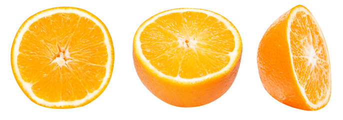 set of orange photos from different sides. a piece of orange, a cut orange. isolated on white background.