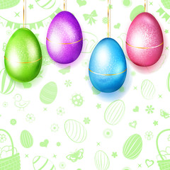 Four colored Easter eggs hanging on green background of flowers, cakes, hare, hen, chicken, bow and other holiday symbols