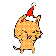 comic book style illustration of a cat hissing wearing santa hat