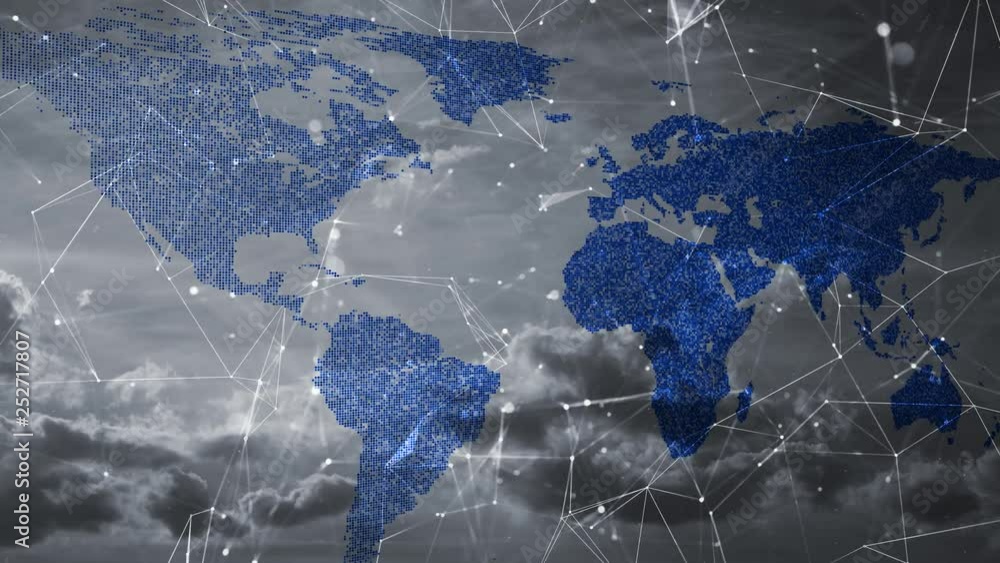 Poster digital blue world map motion with computer cyberspace lines on cloudy sky background.