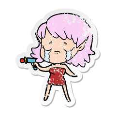 distressed sticker of a cartoon crying elf girl